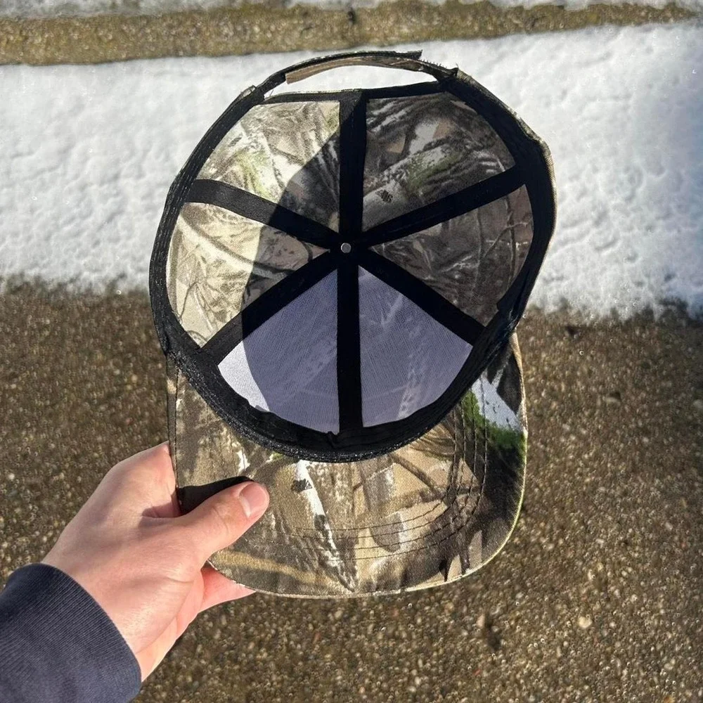 Vintage camo real tree hat cap strap back brown cyber grunge